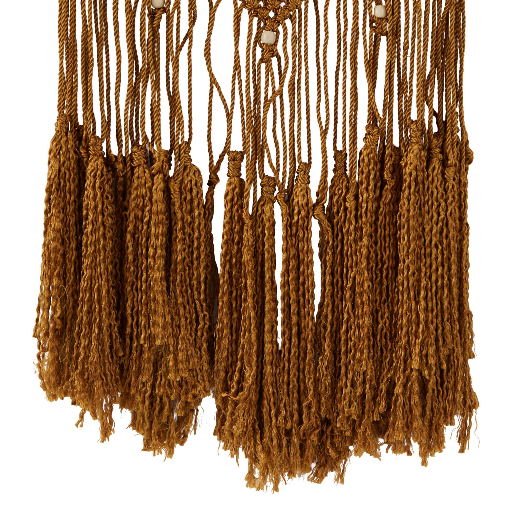 Brown Fabric Handmade Intricately Weaved Macrame Wall Decor with Beaded Fringe Tassels 12" x 0" x 32"